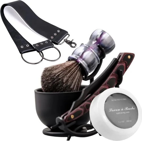 Vista 10 de Kit de afeitado con navaja recta Grandslam, navaja recta de acero con afilador de cuero, cepillo de afeitar, cuenco y soporte de afeitar de acero