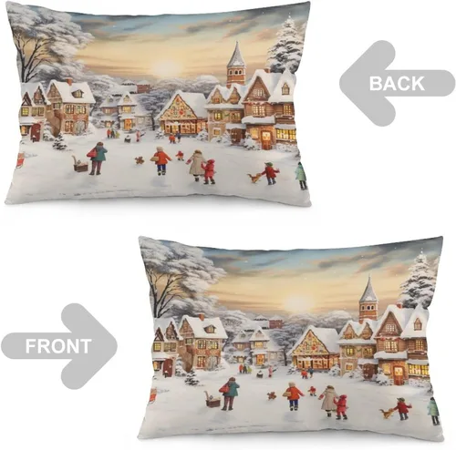 Vista 4 de Funda de almohada con escena de pueblo navideño con niños, fundas de almohada de 12 x 20 pulgadas, almohadas decorativas de Navidad para sofá, funda