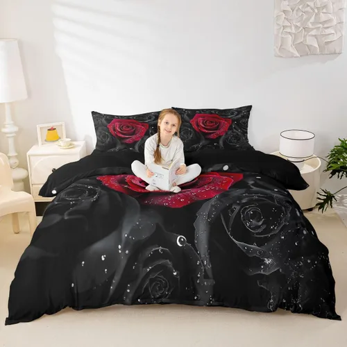 Vista 4 de Feelyou - Juego de funda de edredón con estampado floral de rosas - Juego de ropa de cama con flores románticas para dormitorio de niños, niñas