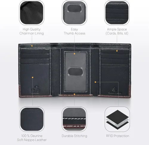 Vista 3 de Cartera de cuero genuino RFID bloqueo delgado Trifold para 6 tarjetas+1 ventana de identificación+2 compartimentos de anotaciones., cartera Rfid, S