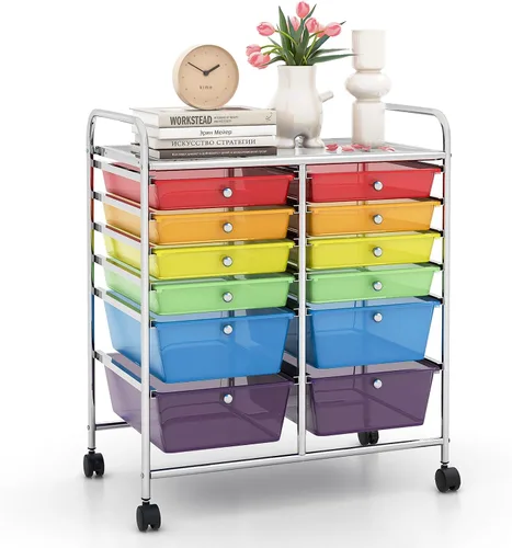 Vista 46 de LDAILY Carrito de almacenamiento con ruedas de 9 cajones, carrito rodante con cajones para aula, organizador de manualidades con ruedas con marco