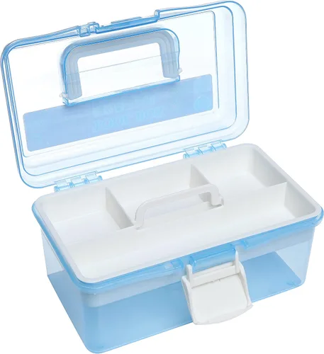 Vista 4 de MyGift Caja de almacenamiento de plástico de 10 pulgadas con bandeja extraíble, organizador de manualidades azul y caja de almacenamiento de arte