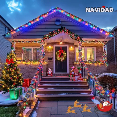 Vista 6 de JMEXSUSS - Paquete de 2, luces solares de Navidad cálidas y multicolor para exteriores, cada una con 100 LED, 10 metros, luces solares impermeables