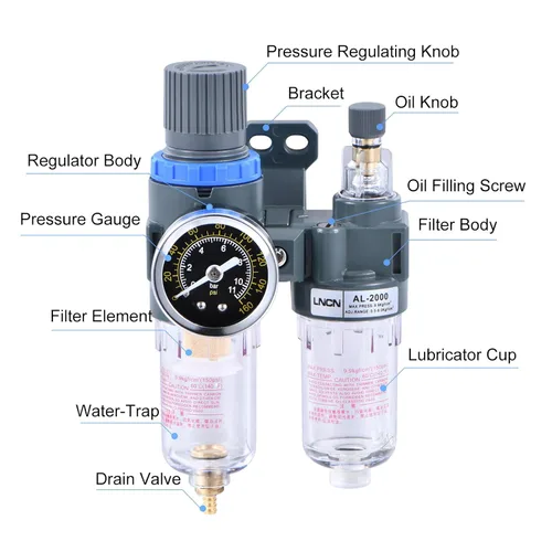 Vista 2 de Filtro de aire de compresor de 1/4 pulgadas Regulador de presión Filtro separador de trampa de agua y aceite con copa lubricante AFC2000 1/4 "Filtro
