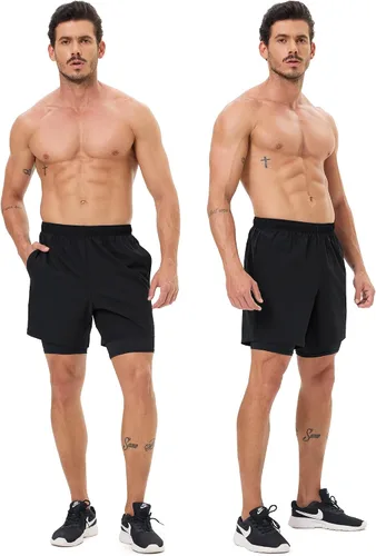 Vista 2 de Pantalones cortos deportivos 2 en 1 para hombre, de secado rápido, 5 pulgadas, ligeros, con forro y bolsillos