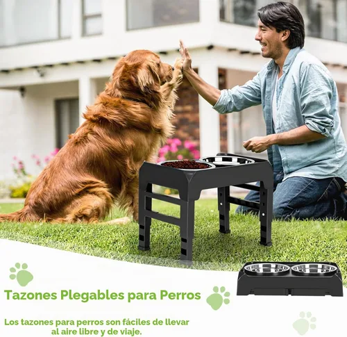 Vista 7 de Tazones elevados con alturas ajustables, soporte elevado con 2 cuencos de acero inoxidable, comedero plegable antideslizante para perros medianos