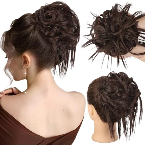 Vista 19 de HMD - Extensiones de cabello tipo chongo alborotado con rodelo despeinado, banda elástica de goma, extensiones de cabello sintético para mujer