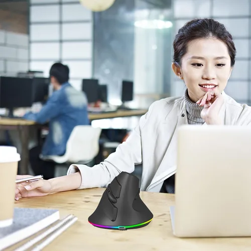 Vista 7 de Ratón vertical inalámbrico ergonómico Bluetooth, conexión de 3 dispositivos (BT1/BT2 + USB de 2.4 G), RGB 3200 DPI tipo C recargable portátil