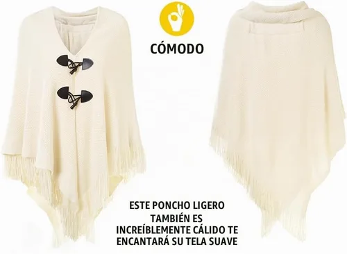 Vista 4 de Ferand Capa tipo poncho con ajuste holgado, chal y botones de cuerno elegantes, con escote en V y dobladillo en V, para mujer Beige
