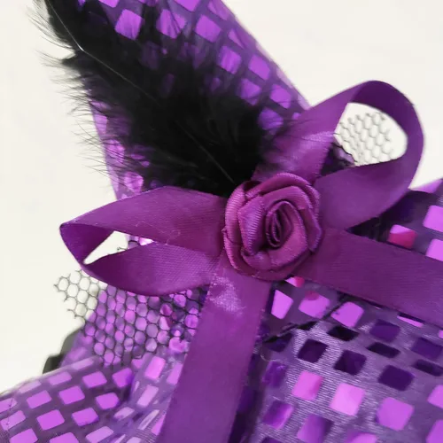 Vista 6 de 2 piezas de sombrero de bruja de Halloween diadema púrpura negro calcetines calcetines de plumas lentejuelas encaje diadema mujeres bruja bandas