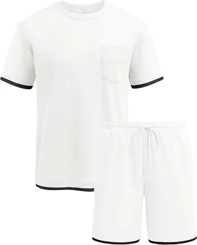 Vista 74 de COOFANDY Conjunto de camisa y pantalones cortos de gofre para hombre, conjunto de 2 piezas, conjunto casual de verano con bolsillos