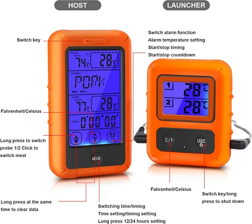 Vista 7 de Termómetro inalámbrico para carne, termómetro digital de carne para cocinar, termómetro de alimentos de lectura instantánea con 2 sondas de acero