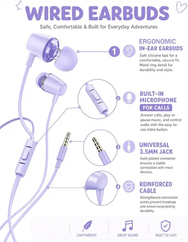 Vista 2 de 2 paquetes de auriculares para niños (azulvioleta) GOGOSINIS 2-Pack Teens Wired Student Earbuds with Carabiner Clips to Attach on School