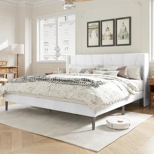 Vista 11 de HAOARA Base de cama tamaño matrimonial con cabecero, bases de cama tapizadas con plataforma de terciopelo, base de colchón contemporánea, Beige