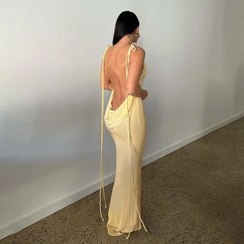 Vista 4 de FULA-bao Vestido sexy para mujer cuello halter espalda abierta ajustado con tirantes delgados hasta el suelo vestido de calle