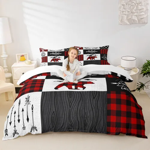 Vista 27 de Juego de funda de edredón para niños de ciervo, oso, lobo, tamaño individual, juego de ropa de cama de cabaña de aventura para niños, niñas