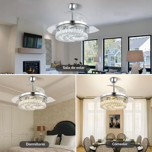 Vista 3 de FRIXCHUR 42" Ventiladores de techo de cristal con candelabro regulable LED, lámpara de araña retráctil en forma de luna con luces y control remoto