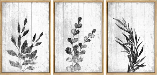 Vista 132 de SIGNWIN Lienzo enmarcado para pared, juego de arte de collage de hojas transparentes en blanco y negro, ilustraciones de naturaleza silvestre, arte