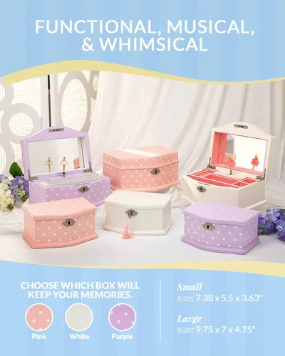 Vista 6 de Elle Joyero Organizador de joyas de bailarina y caja de música de cuerda Swan Lake para niñas y adolescentes, accesorios y almacenamiento de madera