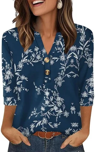 Vista 13 de OFEEFAN - Camisetas de manga 3/4 estilo Henley para mujer, blusas de moda de otoño 2025, atuendos escolares para maestras Raya