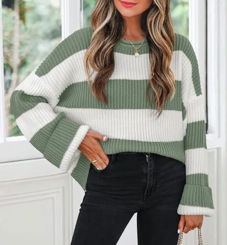 Vista 51 de ZESICA Suéter tejido sin botones de manga larga y cuello redondo, a rayas, bloques de color, cómodo, holgado, talla extragrande para mujer de 2024