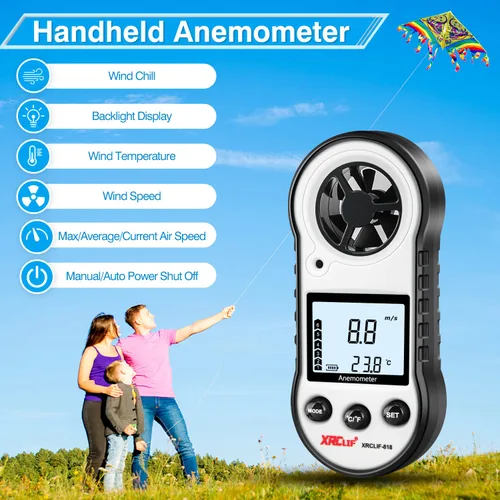 Vista 2 de Anemómetro digital de velocidad y temperatura del viento, medidor de viento de mano para disparar, windsurf, caza, color gris