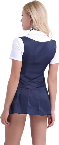 Vista 4 de iEFiEL Disfraz de uniforme de 2 piezas para mujer con corbata, Azul marino y blanco
