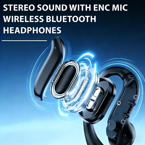 Vista 2 de Auriculares inalámbricos Bluetooth con ganchos, auriculares ENC con cancelación de ruido para deportes, reproducción de 60 horas de llamada clara
