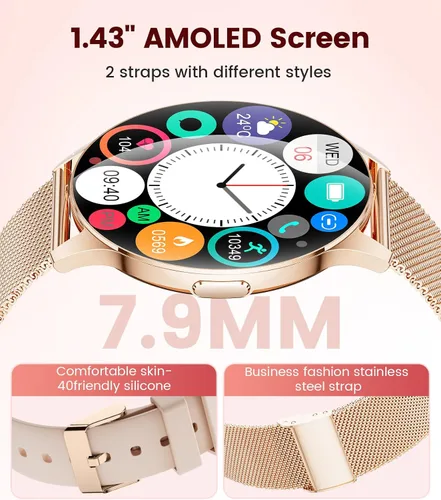 Vista 2 de Reloj inteligente para mujer con llamada de marca/respuesta, rastreador de actividad HD AMOLED de 1.43 pulgadas para Android iOS, reloj inteligente