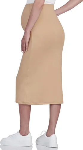 Vista 4 de POSHDIVAH Falda de maternidad para mujer, sobre el vientre, de cintura alta, color liso, elástica, falda tubo para embarazo