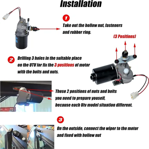 Vista 6 de Kit de limpiaparabrisas UTV universal, 2 piezas de motor de limpiaparabrisas eléctrico de 90 grados de 16" 12V compatible con Polaris Kubota