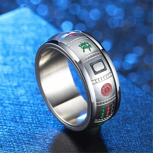 Vista 2 de Mahjong - Anillo de buena suerte para hombres y mujeres, de acero inoxidable, giratorio, anillo de afinación fino, regalo para él y ella