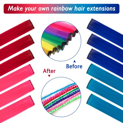 Vista 3 de 20 extensiones de cabello con clip de colores para niñas, extensiones de cabello arcoíris multicolor de 20 pulgadas, reflejos instantáneos, piezas