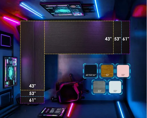 Vista 7 de AODK Escritorio en Forma de L para Gaming con Luz LED y Toma de Corriente, Mesa de Computadora Reversible en Forma de L de 43 Pulgadas con Estante