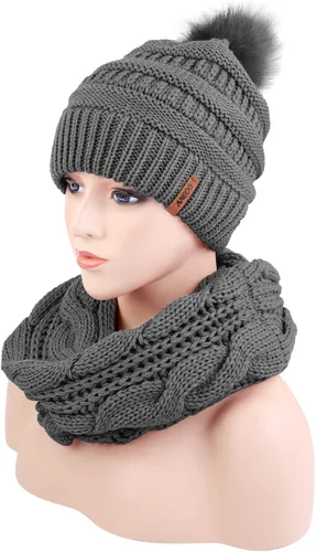 Vista 6 de Aneco Conjuntos cálidos de invierno para mujer con pompones de piel gorro bufanda circular guantes de pantalla táctil accesorios de invierno