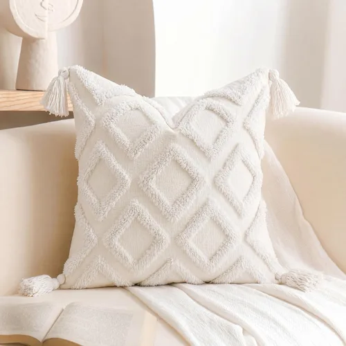 Vista 10 de PANOD - Juego de 2 fundas de cojín decorativas de estilo granja, súper suaves, con patrón de diamante sólido, con penachos y borlas, modernas Gris