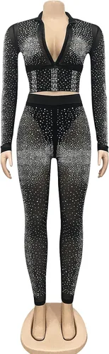 Vista 3 de Conjunto de 2 piezas sexy de malla con diamantes de imitación para mujer pantalones ajustados para fiesta club conjunto deportivo