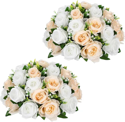 Vista 16 de Briful Bolas de flores artificiales para centros de mesa, 2 piezas de 8.6 pulgadas, arreglo floral de rosas de seda con base de plástico, ramo Azul