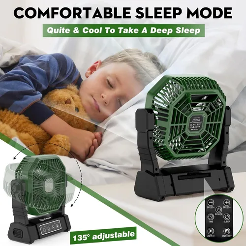 Vista 6 de Multper Ventilador portátil, ventilador de campamento de 20000 mAh con linterna LED y control remoto, ventilador recargable de 4 velocidades y 4