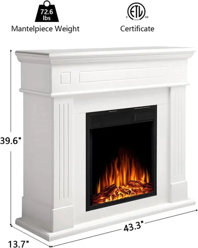 Vista 3 de Chimenea eléctrica con chimenea envolvente de madera, control remoto, llama LED ajustable, chimenea independiente de 750 W/1500 W (blanco perlado)