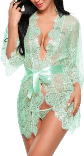Vista 3 de Pijama de bebé sexy transparente para mujer, lencería con ribete de encaje, ropa interior transparente con bata