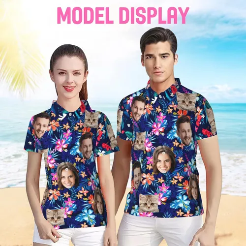Vista 3 de Camisa hawaiana personalizada para hombres con cara, camisas florales tropicales personalizadas con foto de marido Aloha Beach Flower Shirt