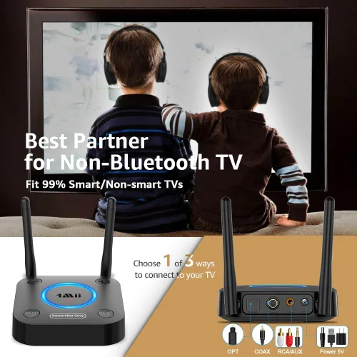 Vista 3 de 1Mii B06TX Transmisor Bluetooth 5.2 para TV a Auriculares/Altavoces Inalámbricos, Adaptador Bluetooth para TV con Control de Volumen, Entradas