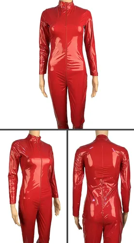Vista 5 de FEOYA Traje de mujer de charol metálico para fiesta, club, ajustado, elástico, de PVC, tallas XS-3XL