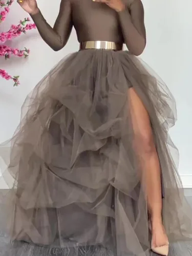 Vista 2 de Falda larga tutú de tul para mujer, longitud hasta el suelo, vestido de cintura alta, vestido de boda, noche, fiesta, falda acampanada hinchada
