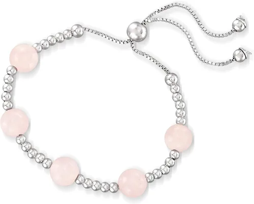 Vista 3 de Ross-Simons Pulsera Bolo de cuentas de cuarzo rosa de 18 quilates en plata de ley, Gema, cuarzo