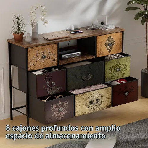 Vista 8 de VASICAR Cómoda con Patrón con Luces LED y Tomas de Corriente, Cómoda Soporte de TV con 8 Cajones para TV de 55", Cómoda de Tela con Cajones
