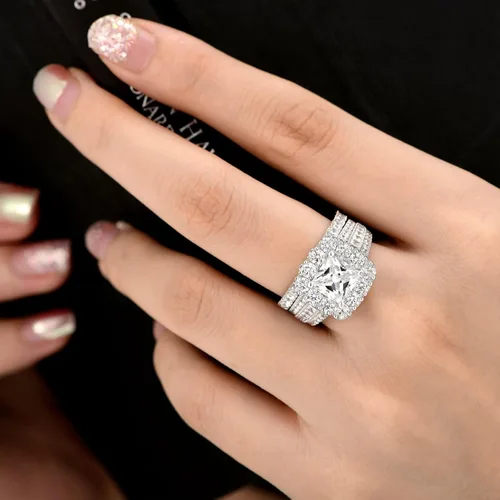 Vista 2 de Sheloves - Juego de anillos de compromiso de boda con halo de princesa AAAAA CZ para mujer, plata de ley 925 5-10