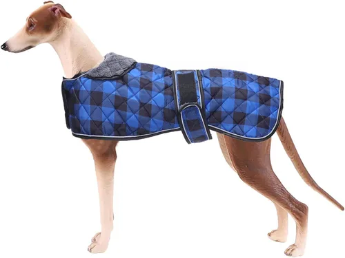 Vista 9 de Geyecete Abrigo impermeable para perro Greyhound Whippet Lurcher con forro polar cálido en el interior, ropa para perros al aire libre con bandas