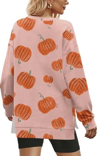 Vista 3 de Sudadera de manga larga con cuello redondo y abertura lateral para mujer, estampado de Halloween, talla S-3XL